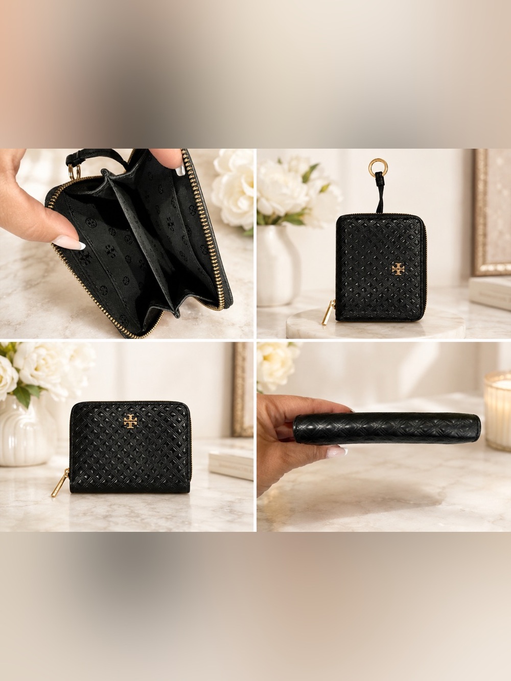 Tory Burch Black Quilted Zip Card Holder with Gold Logo